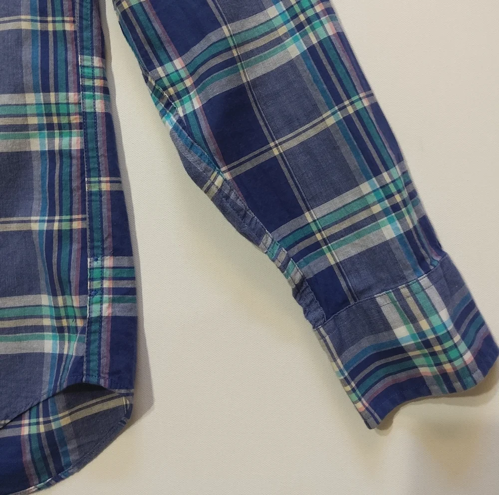 J.Crew Mens Button Down Medium Blue Green Summer Plaid‎ Slim Fit Preppy Casual